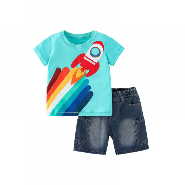 Summer Children's Round Neck Short Sleeve Jeans Boy Suit Wholesale Boutique Clothing
