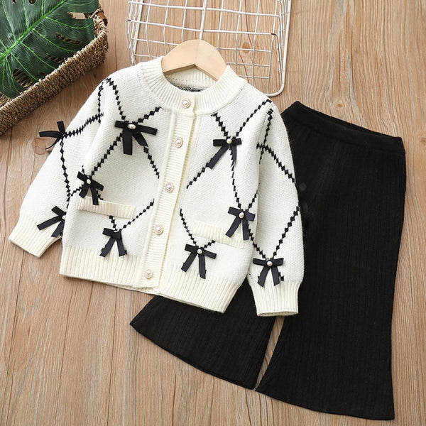 Toddler Girls Sweater Knitted Bow Cardigan Suit Wholesale Girls Clothes