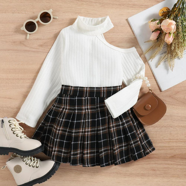 Autumn and Winter Toddler Girls Two-piece Slanted Shoulder Long-sleeved Plaid Skirt Wholesale Girls Clothes
