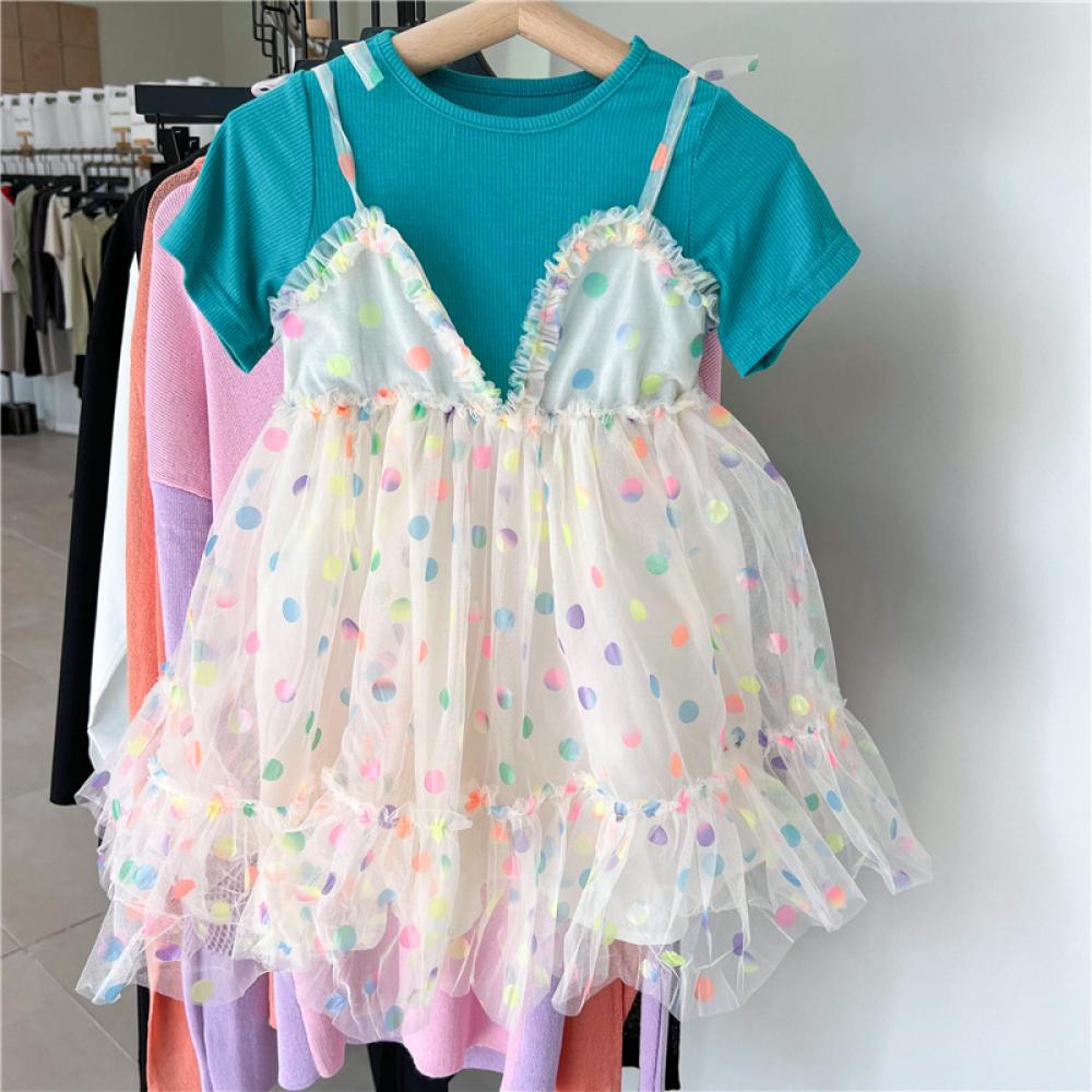 Toddler Girls Summer Fake Two Pieces Colorful Dot Printed Tulle Mesh Dress Girl Dresses Wholesale