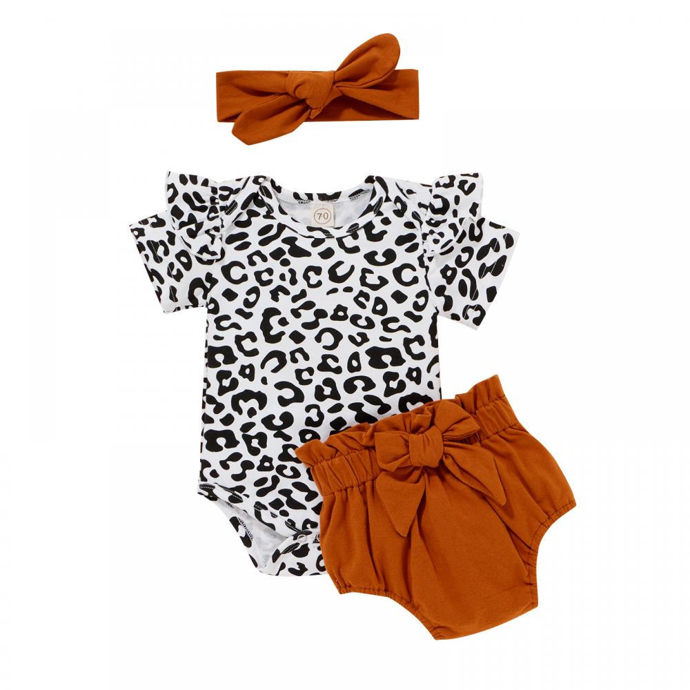 Baby Girls Short Set Leopard Printed Ruffle Romper N Solid Shorts N Hair Band Wholesale Baby Rompers