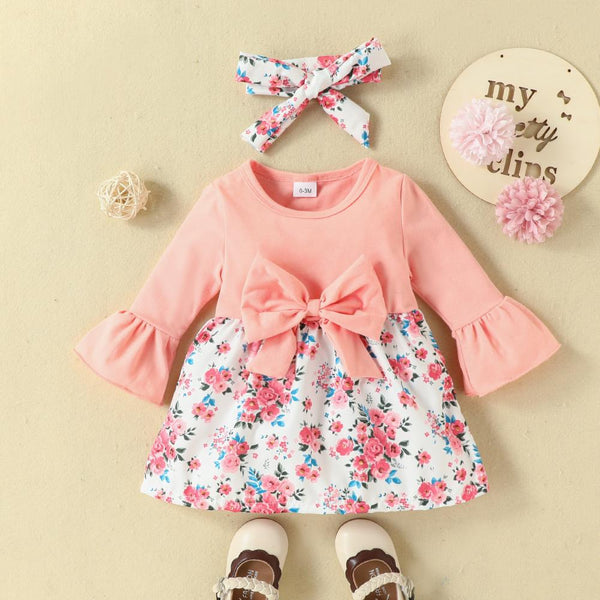 Autumn Baby Girls Bow Flower Print Long-sleeve Dress Wholesale Girls Dress