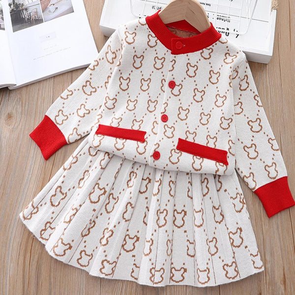 Autumn and Winter Girls' Knitted Cardigan Dress Two Pieces Set Wholesale Girls Clothes