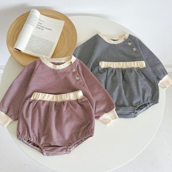 Infant Long-sleeved Autumn Baby Girl Cotton Striped Top + Pants Set Wholesale Baby Clothes