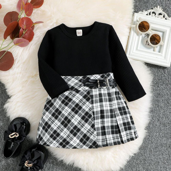 Autumn and Winter Girls Round Neck Long Sleeves + Plaid Skirts Set Wholesale Girls Clothes