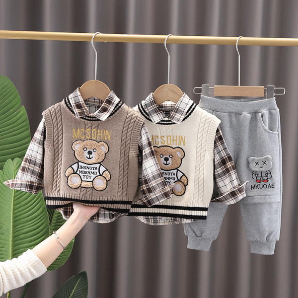 Boys Spring Autumn Bear Vest Plaid Shirt and Pants Set Boy Wholesale Clothing