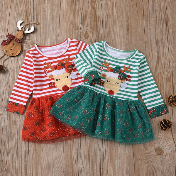 Christmas Girls Striped Long Sleeve Snowflake Dress Wholesale Girls Dress