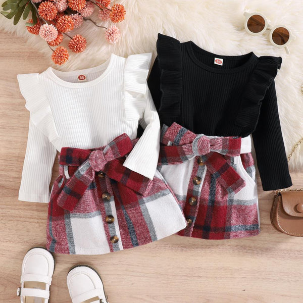 Little Girls Autumn Pit Strip Top + Plaid Skirt Set Wholesale Girls Clothes