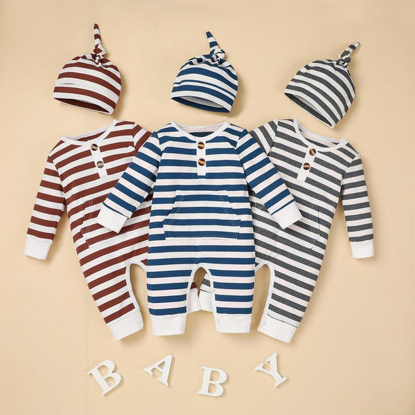 Spring and Autumn Boys and Girls Striped Baby Romper + Hat Wholesale Baby Clothes