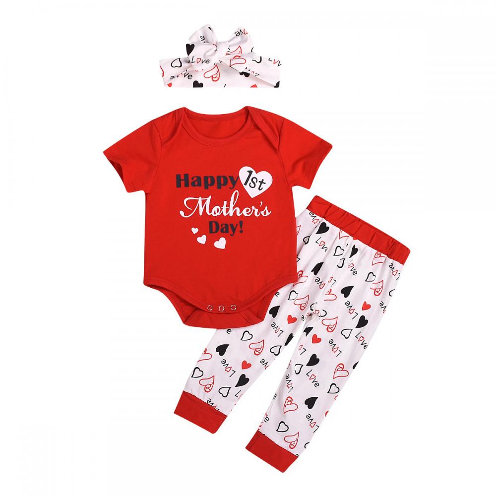 Children's Clothing Female Mother's Day Suit New Baby Letter Short-sleeved Romper Love Trousers Two-piece Set Wholesale Baby Clothes