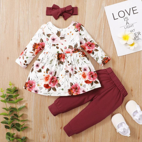Children's Long Sleeve Printed Skirt Solid Color Trousers Bandana Three Piece Set Wholesale Girl Clothes