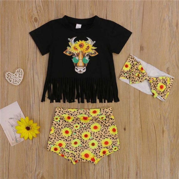 Kids Summer Print T-Shirt Sunflower Shorts Headband Three Piece Set Wholesale Baby Clothing