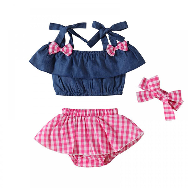 Baby Girls Imitation Jeans Bow Halter Top Plaid Shorts Set Wholesale Baby Clothes In Bulk