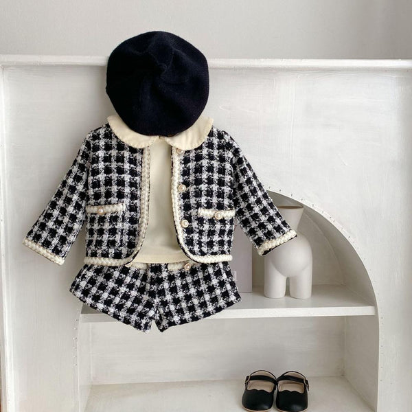 Spring Baby Girl Tweed Plaid Long Sleeve Shirt Open Coat Short Pants Two-piece Suit Wholesale Girls Clothes