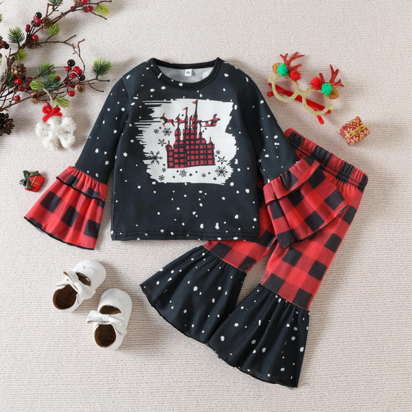 Autumn Girls Christmas Flared Sleeve Top + Plaid Trousers Set Wholesale Girls Clothes