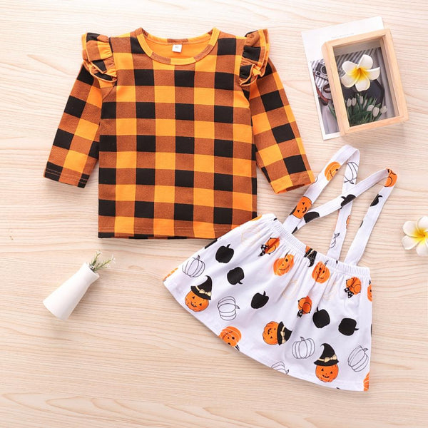 Halloween Girls Skirt Plaid Long Sleeve + Pumpkin Print Strap Skirt Set Wholesale Girls Clothing