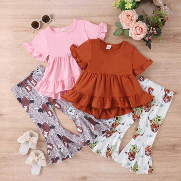 Spring And Summer Short Sleeve Lace Tuxedo Animal Printed Bell-bottom Pants Two-piece Girl's Suit Wholesale