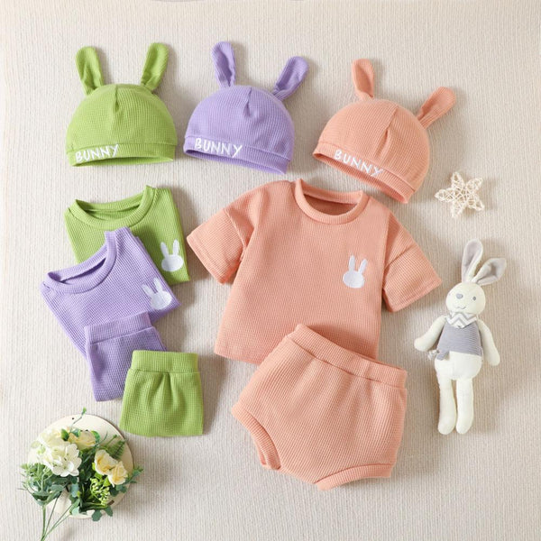 Summer Easter Baby Girl Cute Rabbit Hat Short Sleeve Shorts Three-piece Suit Wholesale Baby Clothing
