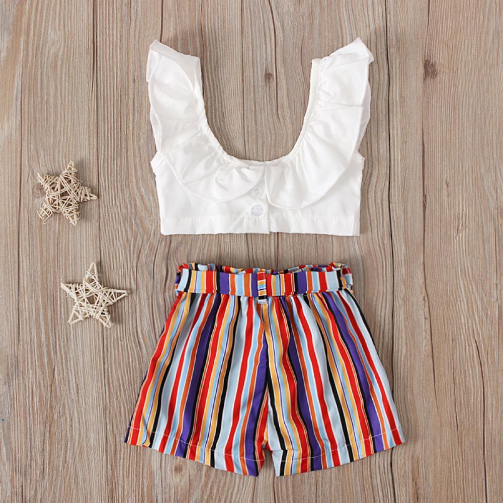 Baby Girls Set Bohemia Style White Sleeveless Top and Stripe Shorts Set Baby Clothes Warehouse