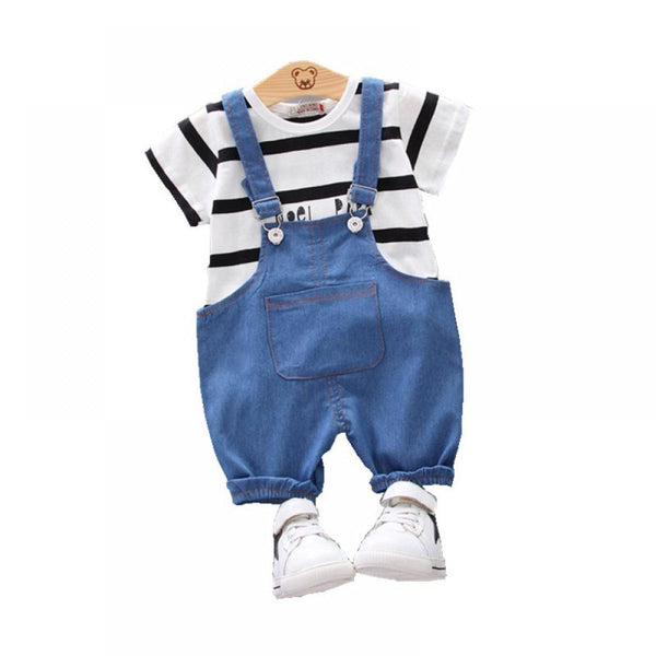 Baby And Toddler Boys Summer Sets Cotton Striped T-shirt + Handsome Denim Overalls Two-piece Suit Wholesale Kids Clothing