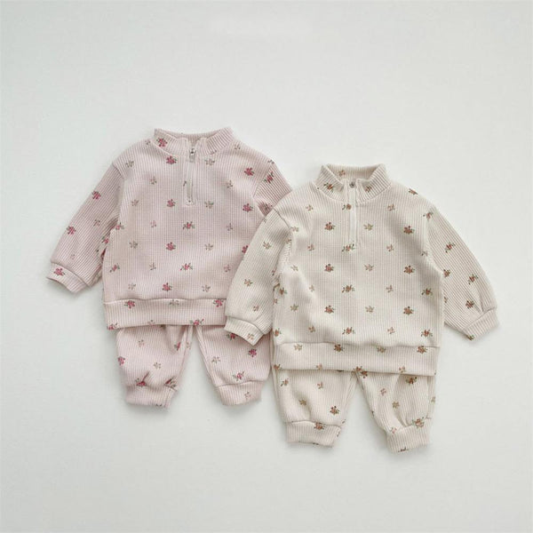 Autumn and Winter Baby Waffle Floral Two-piece Set Wholesale Baby Children Clothes