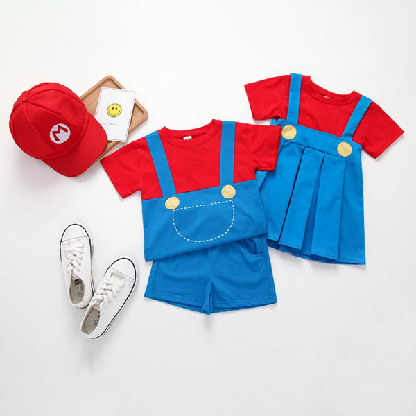 Boys And Girls Summer Super Mario Suits Dress / Top and Shorts Set Children Clothing Wholesale Usa