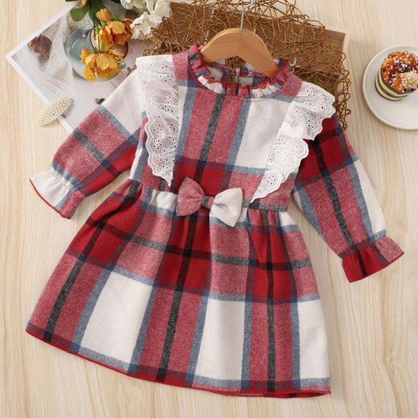Toddler Girls Spring Autumn Red Plaid Dress Wholesale Baby Girl Clothes
