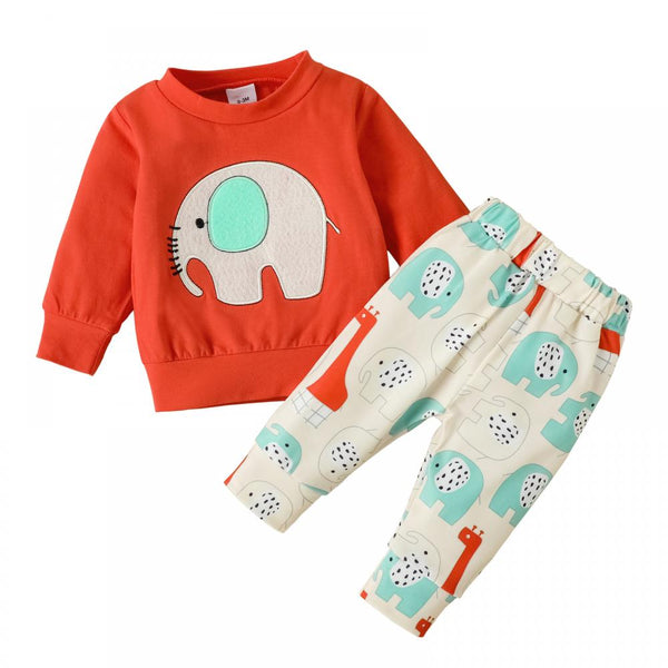 Baby Elephant Embroidered Pants Print Sweatshirt Two Piece Set Wholesale Boys Clothes