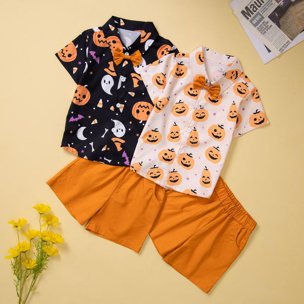 Halloween Boy Pumpkin Bow Tie Shirt + Shorts Set Wholesale Boys Clothes