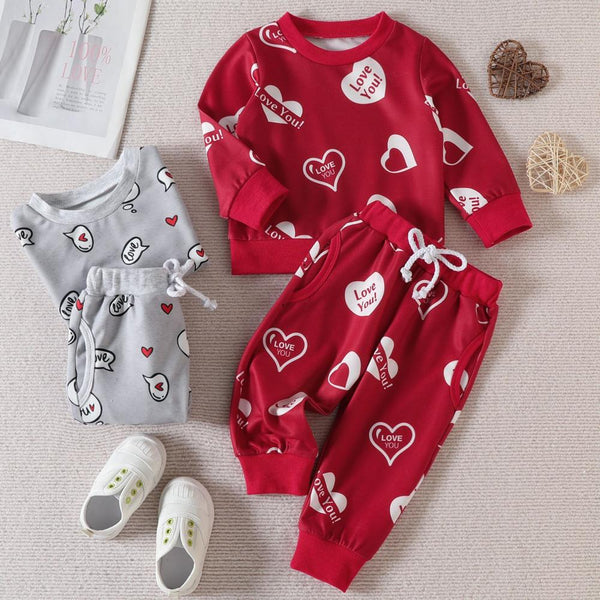 Autumn Baby Valentine's Day Heart Print Long-sleeve Sweater + Pants Set Wholesale Baby Clothes