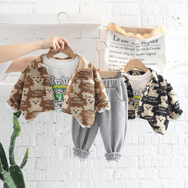 Boys Spring Autumn Bear Coat T-shirt And Pants Set Baby Boys Clothes Wholesale