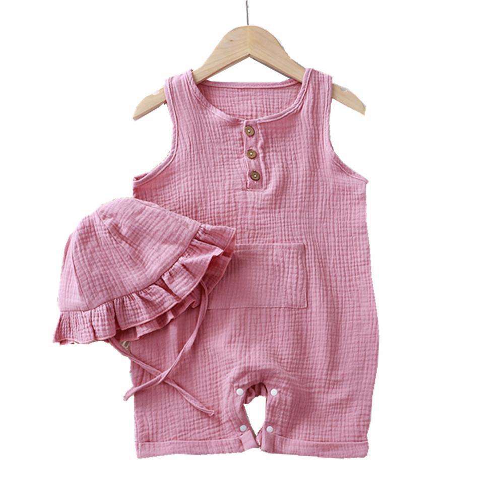 Newborn Baby Unisex Summer Double Gauze Jumpsuit Sleeveless Vest Soft Breathable Romper And Hat Two-piece Wholesale Baby Clothes