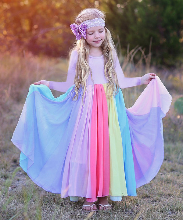 Children's Skirts Long Sleeve Rainbow Mesh Dress Girls Rainbow Print Princess Dress Toddler Girl Dresses