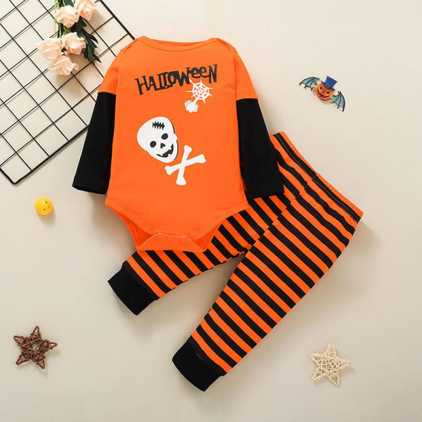Halloween Letters Print Fake Two-Piece Long Sleeve Striped Trousers Two-Piece Set Wholesale Baby Clothes