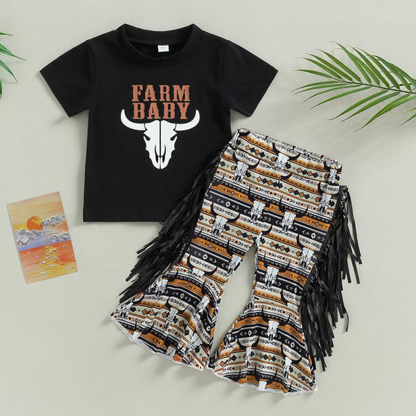 Girl's Summer Farm Style Short-Sleeved T-Shirt Tassel Flared Pants Set Wholesale Kids Boutique Clothing