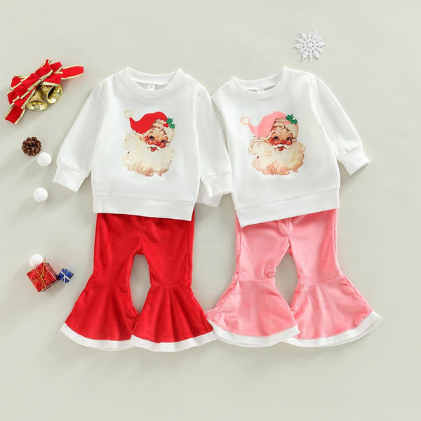 Christmas Toddler Girls Print Top + Velvet Flared Pants Set Wholesale Girls Clothes