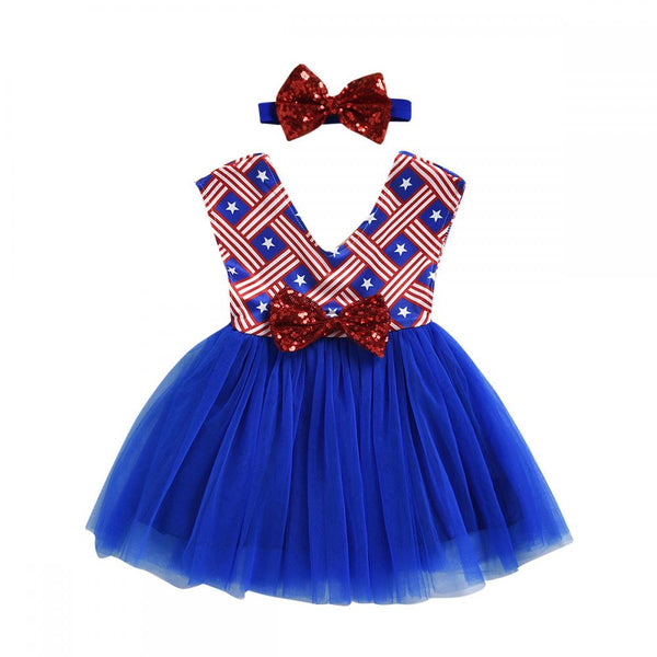 Baby Girls Sleeveless Independence Day Bow Dress With Headband Babywear Wholesale