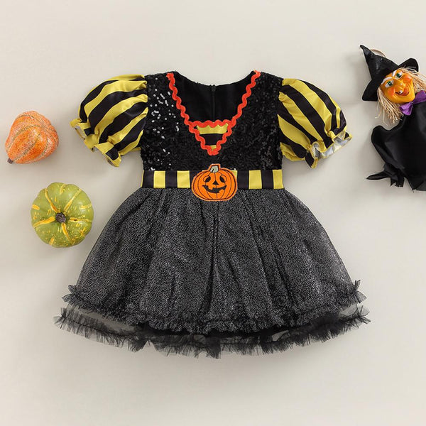 Halloween Toddler Girls Sequins Pumpkin Print Dress Cute Baby Western Style Mesh Princess Dress Wholesale