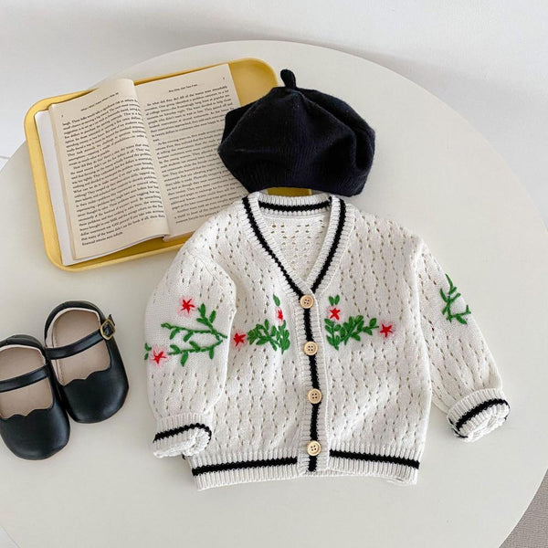 Spring Girl Baby V-neck Hand Hook Flower Knitted Cotton Long Sleeve Cardigan Coat Wholesale Girls Clothes