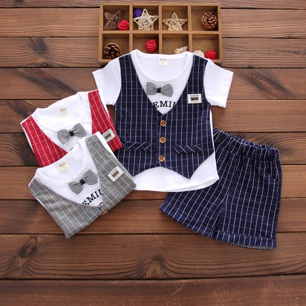 Toddler Boys Sets Summer Plaid Vest Fake Two-Piece Short Sleeve Top And Shorts Two-Piece Set 1-2-3-4Y Boy Boutique Clothing Wholesale