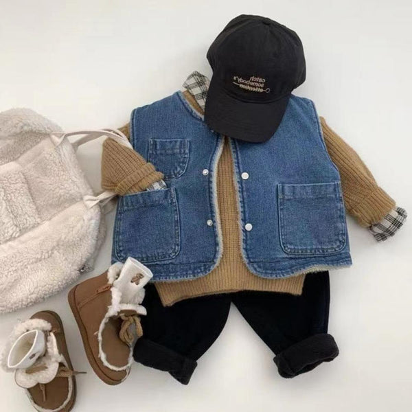 Baby Winter Plus Velvet Denim Waistcoat Boys And Girls Solid Color Padded Vest Wholesale Baby Clothes