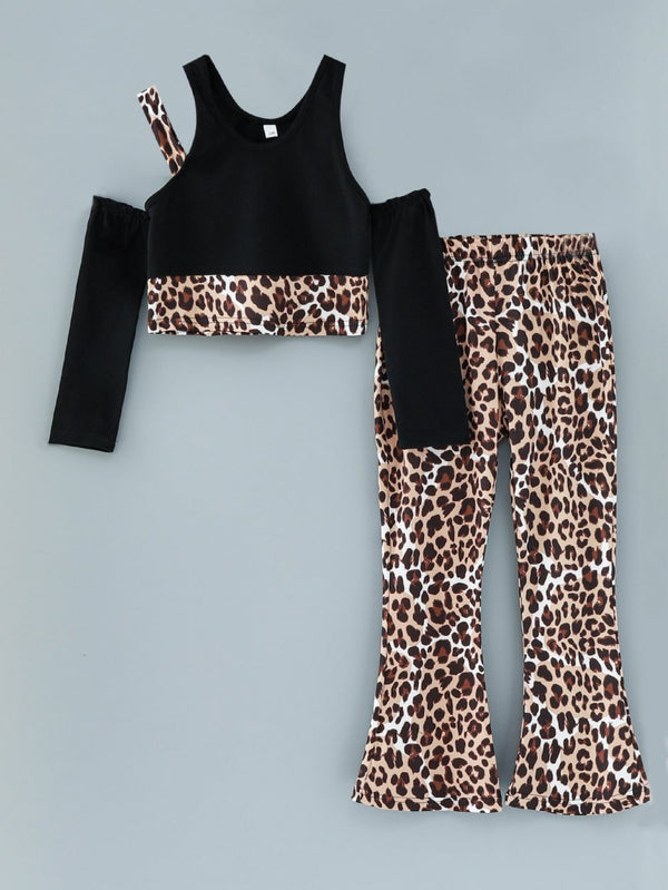 Girls Spring and Autumn Off-the-shoulder Long-sleeved Top Leopard Print Flared Pants Suit Wholesale
