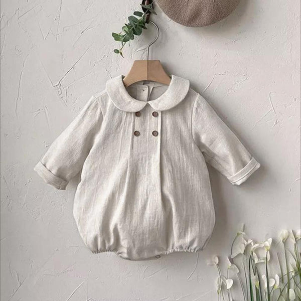 Baby Spring Linen Double-breasted Round Neck Boys And Girls Spring Long Sleeve Jumpsuit Wholesale