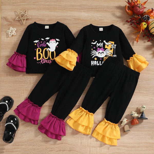 Autumn/Winter Halloween Girls Lace Sleeve Flared Pants Two-piece Set Wholesale Girls Clothes