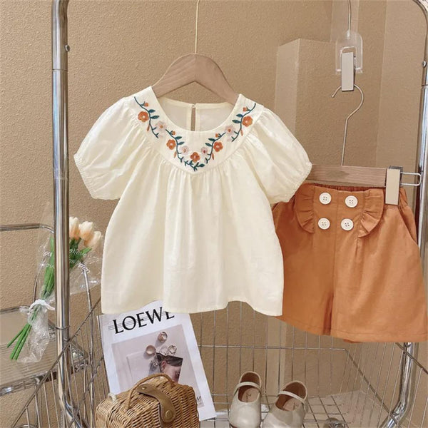 Summer Girls Suit Fashion Embroidered Neck Top And Shorts Two-Piece Set Wholesale Girls Clothes