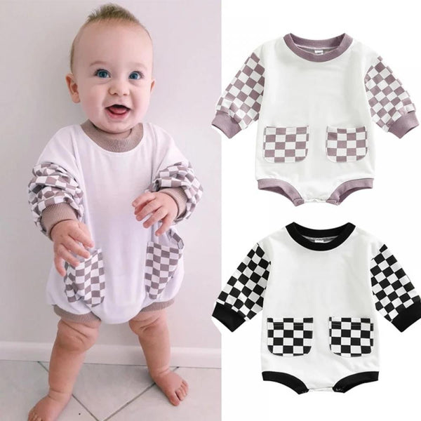 Autumn Plaid Pocket Colorblock Long Sleeve Jumpsuit Wholesale Baby Clothes