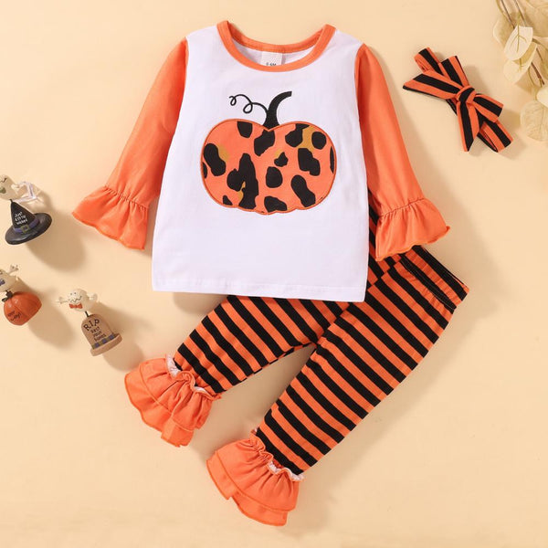 Baby Girl Halloween Patchwork Long Sleeve Top Striped Lace Trousers Three Piece Set Wholesale