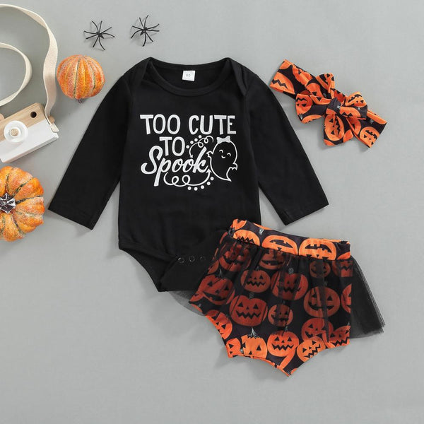 Halloween Baby Print Romper + Mesh Shorts + Hairband Set Wholesale Girls Clothes