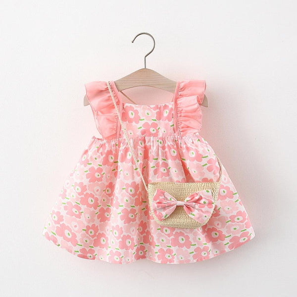 Baby Girls Summer Floral Dress Flower Printed With Bag Wholesale Little Girl Dresses