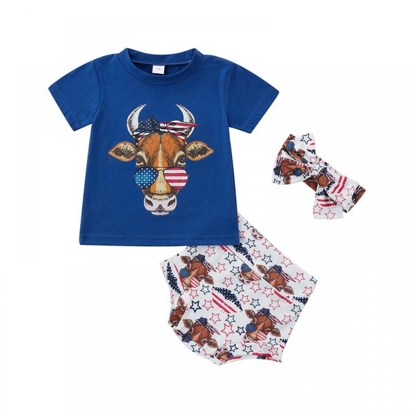 Independence Day Baby Set Cartoon Print Top Shorts and Headband  Wholesale Clothing Baby